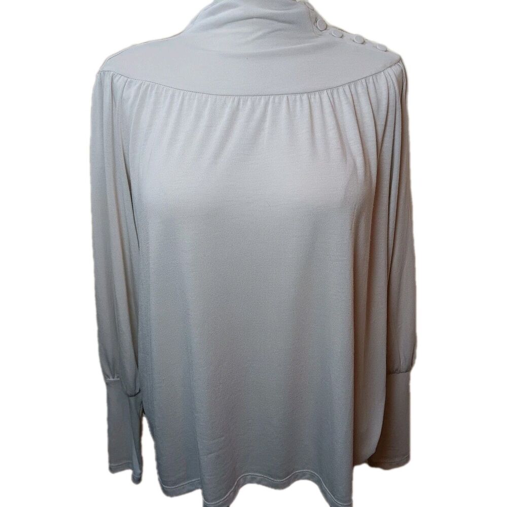 Ann Taylor Cream Mock Turtleneck BUTTONS Smock Fitted Arm Long Sleeve Top Small